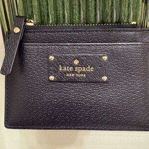 kate spade Black Pebbled Leather Card Case with Gold Accents